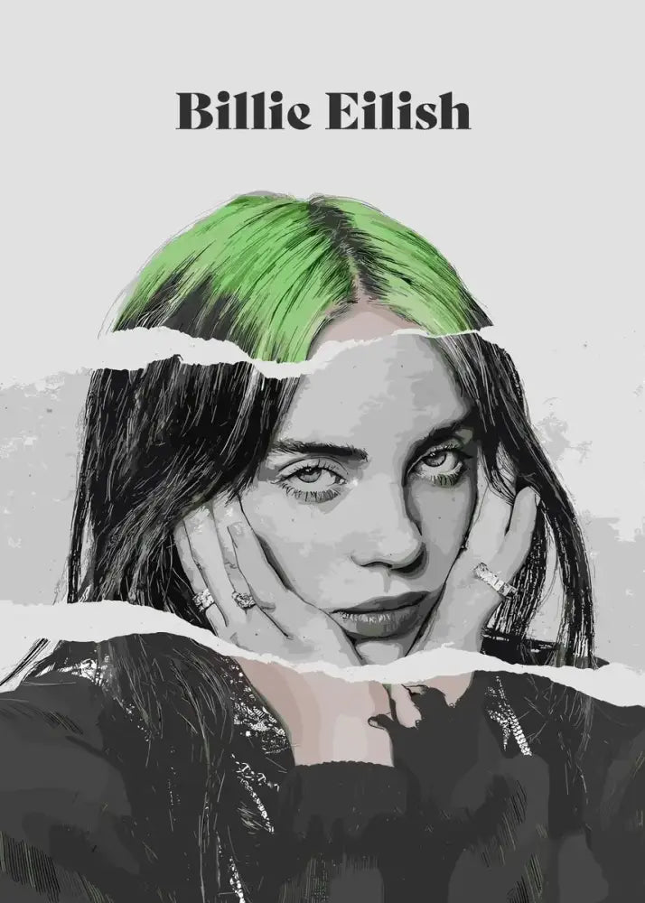 Decorbites™ singer b-billies canvas art print features billie eilish portrait with vibrant green hair in black-and-white design