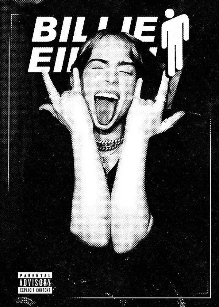 Black-and-white canvas art print featuring billie eilish with bold white text and stylized male figure for home decor