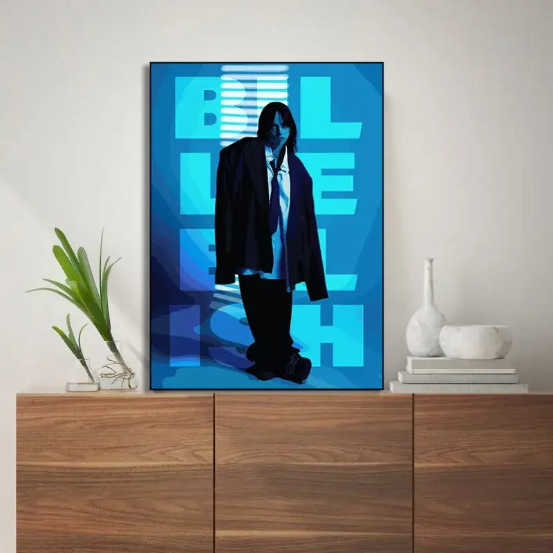 Blue framed canvas art print featuring stylized dark clothed figure with layered blue text for home decor singer b-billies