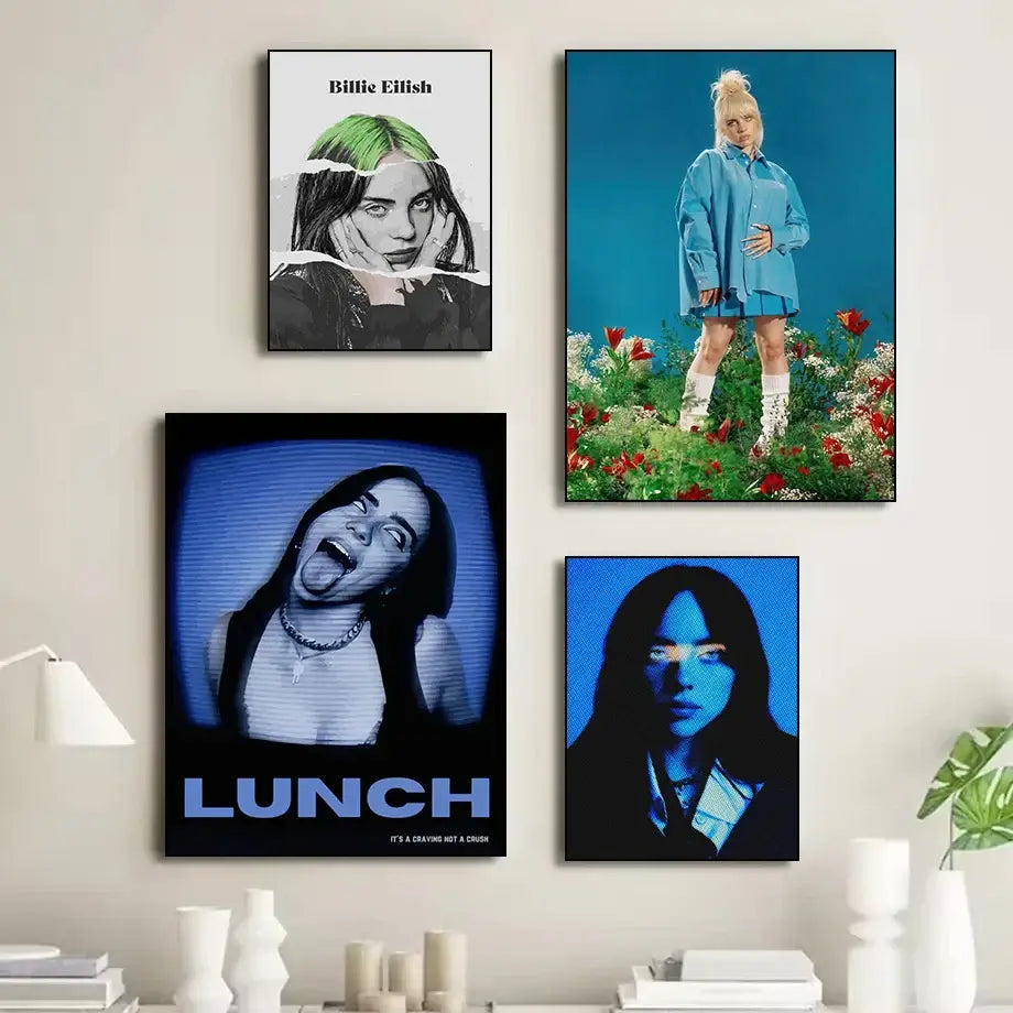Four framed billie eilish canvas art prints featuring green hair and lunch text in singer b-billies home decor set