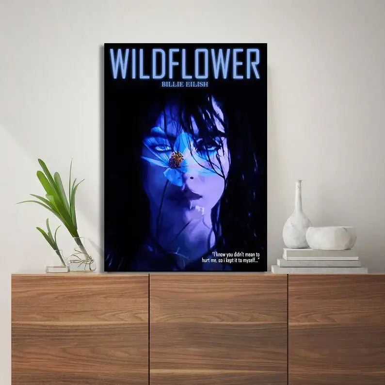 A framed decorbites™ canvas art print of singer b-billies with blue lighting and a flower on a dark background
