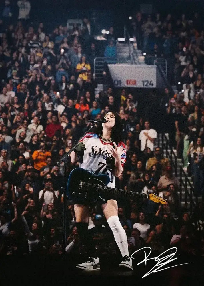 A signed canvas art print of singer b-billies performing in a white and blue Philadelphia 76ers jersey