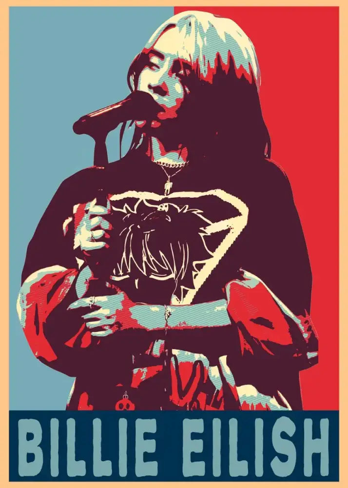 Stylized pop art canvas art print of singer b-billies billie eilish in black hoodie holding microphone on red and blue background