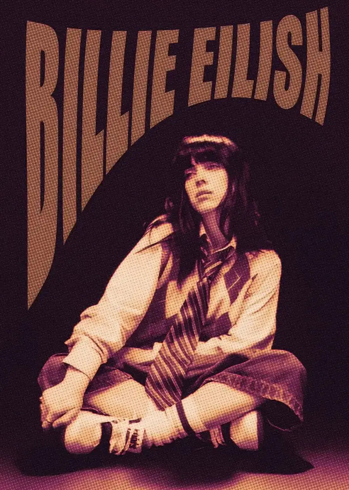 Billie eilish sits cross-legged in a vintage uniform on a dark background in the singer b-billies canvas art print