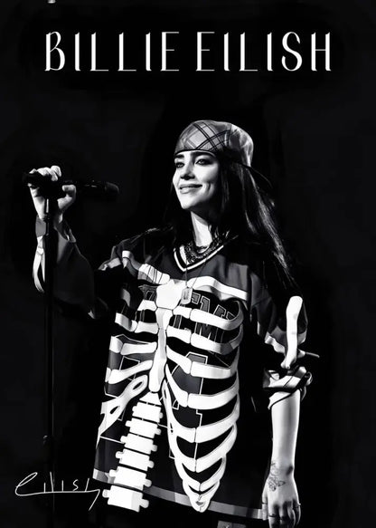 Black and white skeleton-printed hoodie with v-neck collar featured alongside DecorBites™ Singer B-Billies canvas art print for home walls