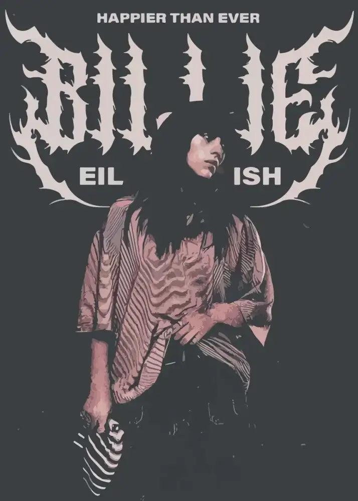Black and white stylized graphic tee with billie eilish portrait and happier than ever text for singer b-billies canvas art print