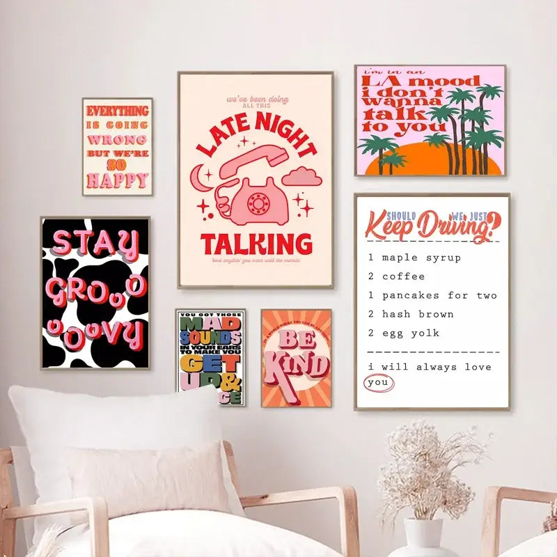 A collection of six framed colorful retro styles lyrics art posters featuring harris styles from decorbites