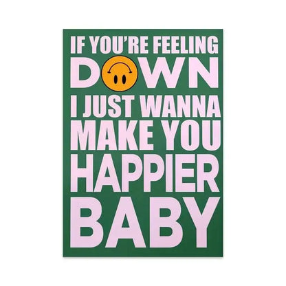 Green rectangular DecorBites™ singer Harris Styles styles lyrics art poster with bold pink text and yellow smiley face graphic