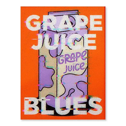 Vibrant orange DecorBites™ singer Harris Styles styles lyrics art poster featuring glitch effect purple grape juice carton