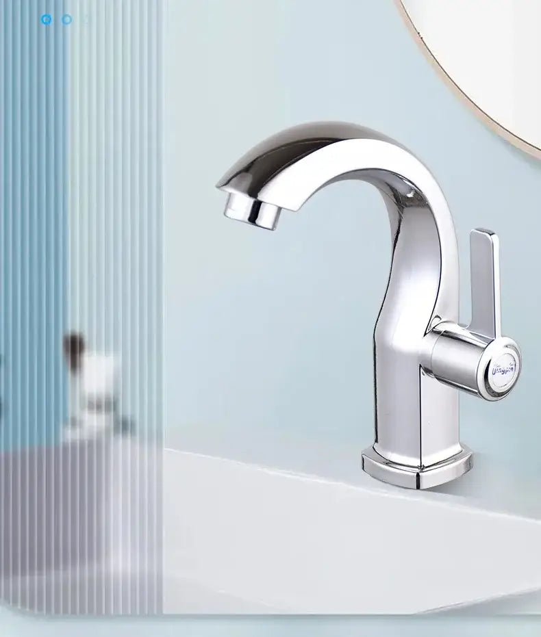 Chrome finished deck mounted single lever bathroom faucet with sleek curved spout and rectangular base by DecorBites™ water purifier