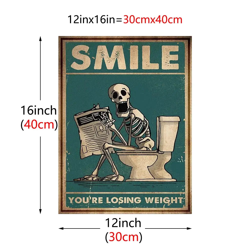 Vintage-style canvas wall art featuring a skeleton man squatting on a toilet reading a newspaper with motivational text