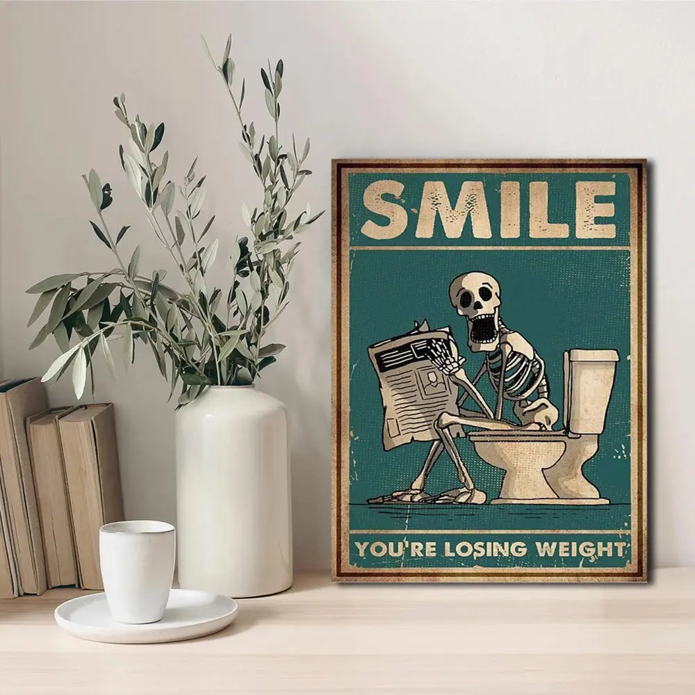 DecorBites™ skeleton man squatting toilet canvas wall art vintage style teal background beige lettering design