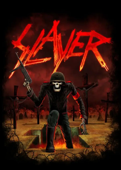 Decorbites™ slayer heavy metal band album poster canvas art featuring a black skeleton soldier with ak-47 on grave