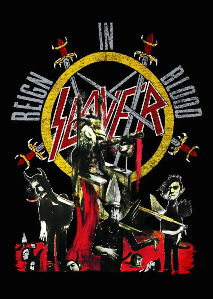 A black slayer heavy metal t-shirt featuring bold red and yellow reign in blood album cover art with demonic graphics