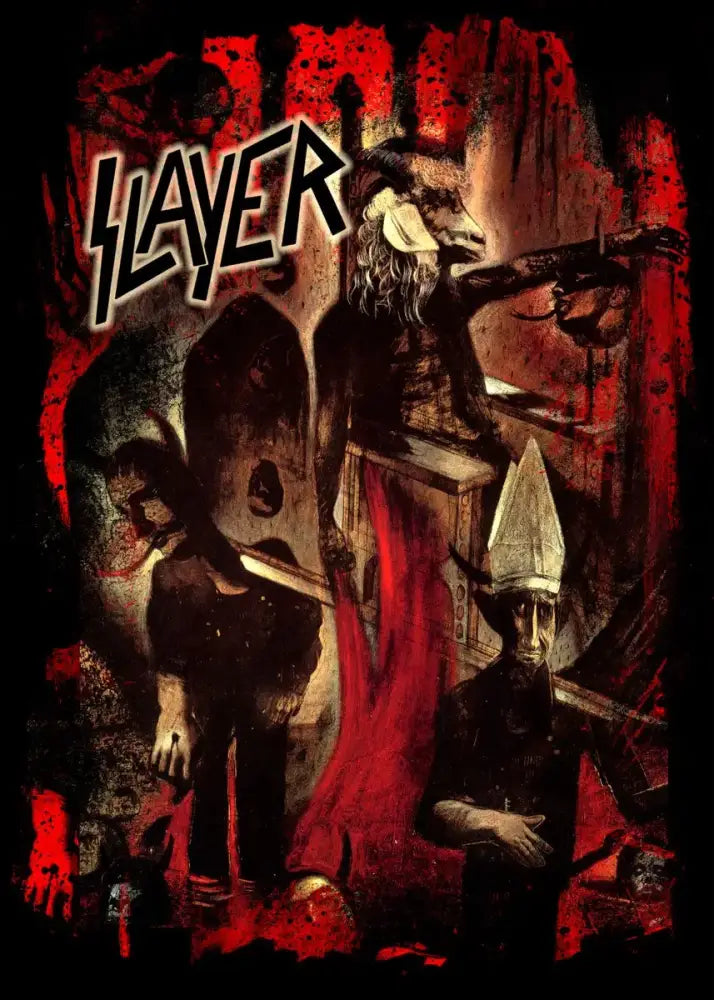 Black slayer heavy metal band t-shirt with red black and gray demonic and religious graphic design