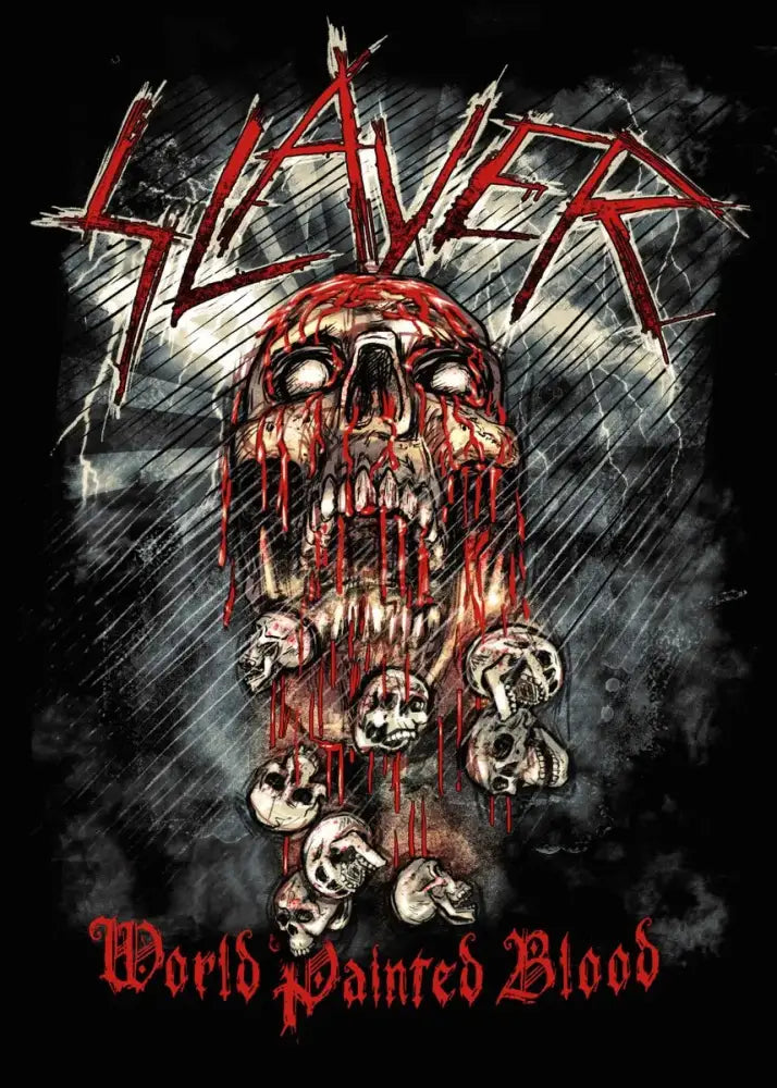 A black t-shirt with a bloody dripping skull graphic and red slayer heavy metal text for band album poster fans