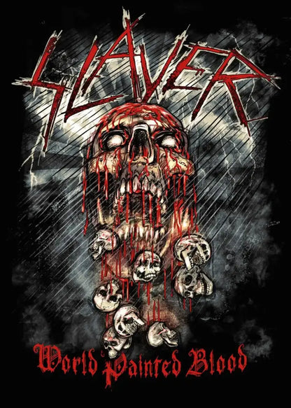 A black t-shirt with a bloody dripping skull graphic and red slayer heavy metal text for band album poster fans