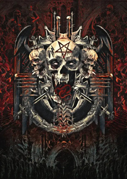 Decorbites™ slayer heavy metal band album poster canvas art featuring gothic skulls swords and wings on a red background