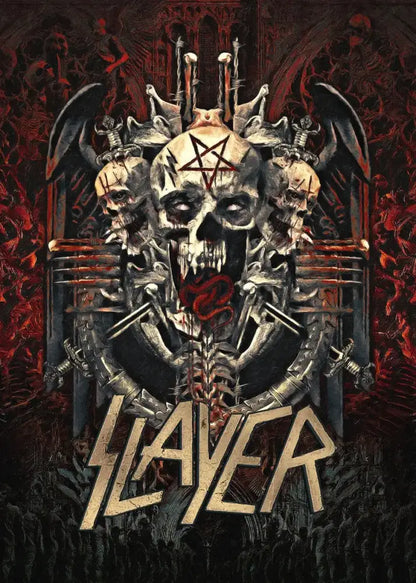 Dark fiery red slayer heavy metal band album poster canvas art featuring skulls and pentagram by decorbites