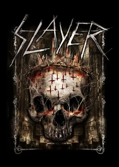 Decorbites™ slayer heavy metal band album poster canvas art featuring a grim skull with crown of thorns and red crosses