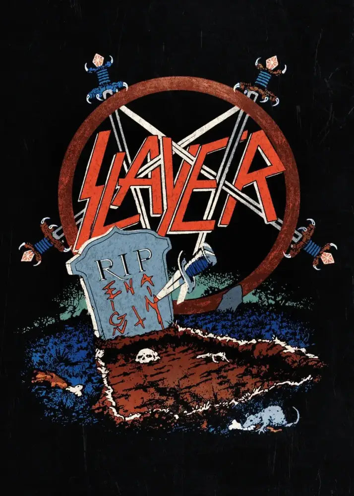 Decorbites™ slayer heavy metal band album poster canvas art featuring bold red lettering and white lightning bolt design