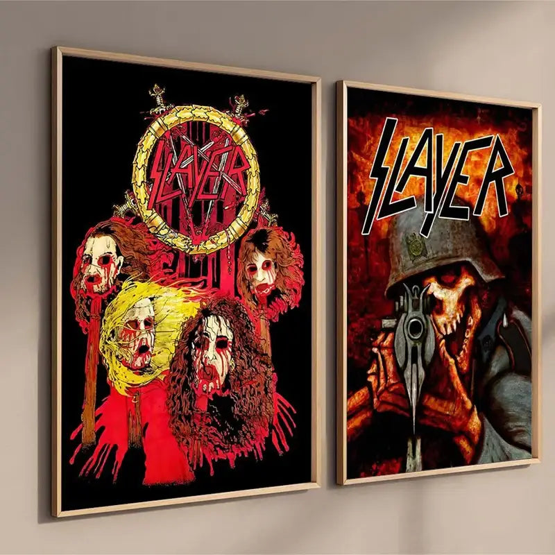 Two framed slayer heavy metal band album poster canvas art featuring iconic circular logo and skull in military gear designs