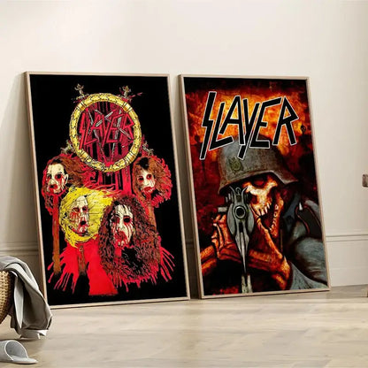 Two framed slayer heavy metal band album posters featuring bloody faces and a skull in military gear on canvas art