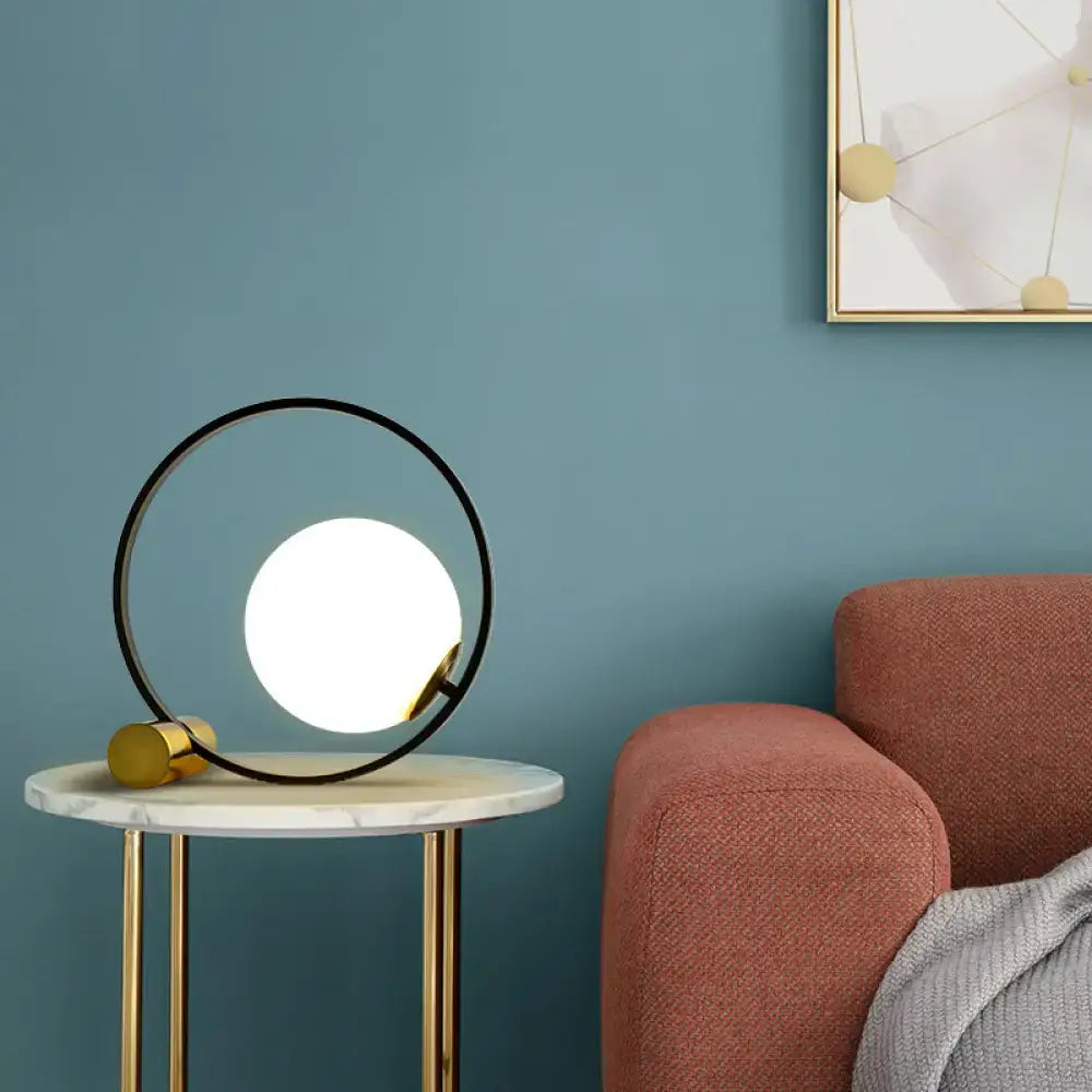 Decorbites sleek black bedside table lamp with white glass ball night light in black metal frame on gold bases 220v-240v