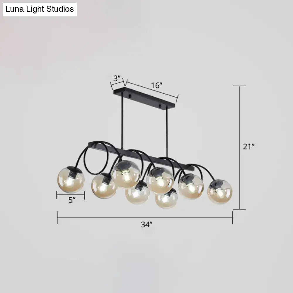 Modern black metal chandelier with nine spherical glass globe lights featuring 220v-240v bulb base for dining rooms