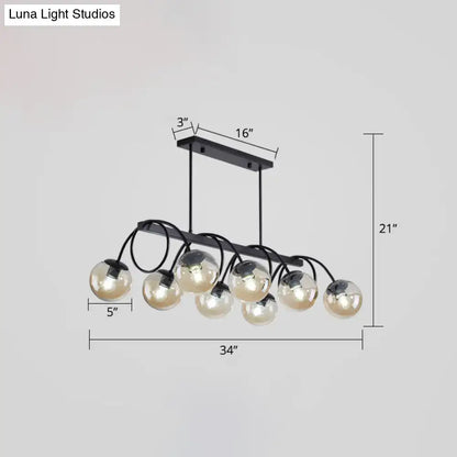 Modern black metal chandelier with nine spherical glass globe lights featuring 220v-240v bulb base for dining rooms