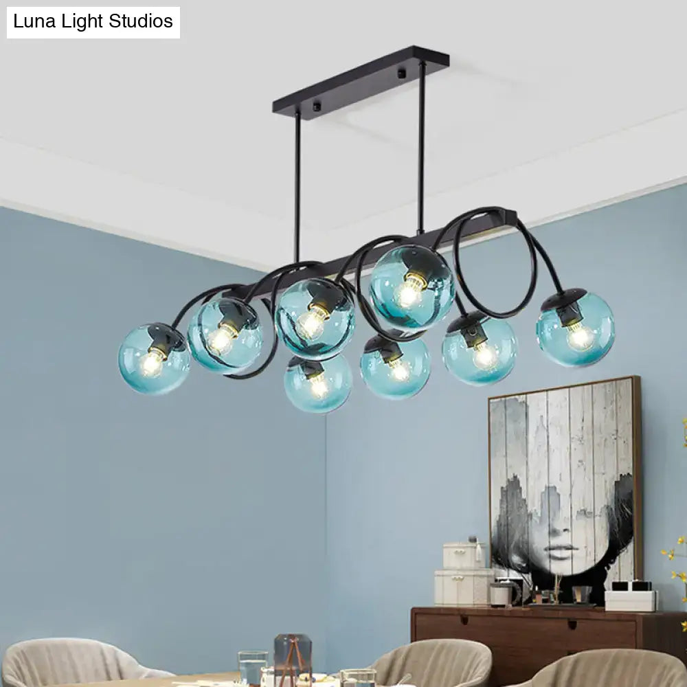 DecorBites sleek black glass sphere island light with seven blue glass globe bulbs for 110v-120v 220v-240v bulb base