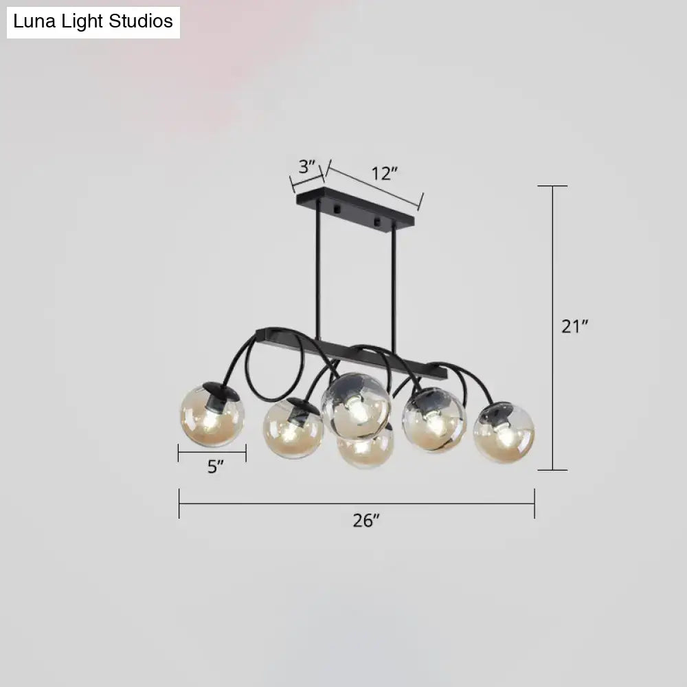 Modern black metal chandelier with five glass spheres featuring 110v-120v 220v-240v bulb base for dining rooms