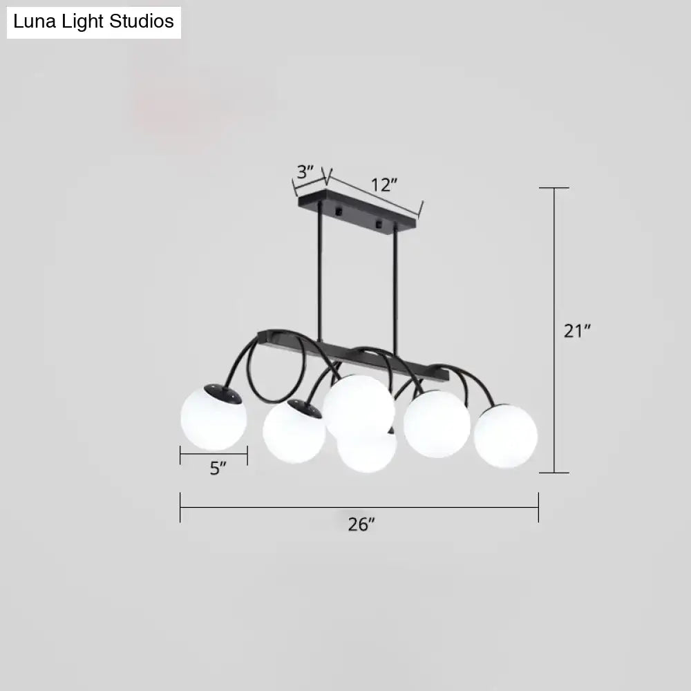 Modern black metal chandelier with five frosted glass globe shades compatible with 110v-120v 220v-240v bulb base