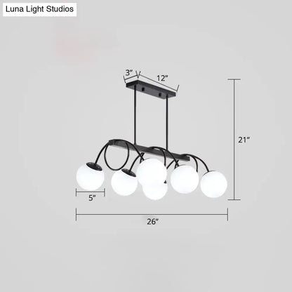 Modern black metal chandelier with five frosted glass globe shades compatible with 110v-120v 220v-240v bulb base