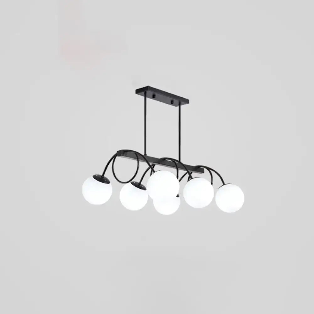Modern black metal chandelier with five frosted glass globes for dining rooms compatible with 110v-120v 220v-240v bulb base
