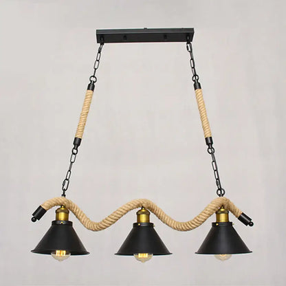 DecorBites™ sleek black spiral rope pendant light with three conical shades and brass accents for 220v-240v use