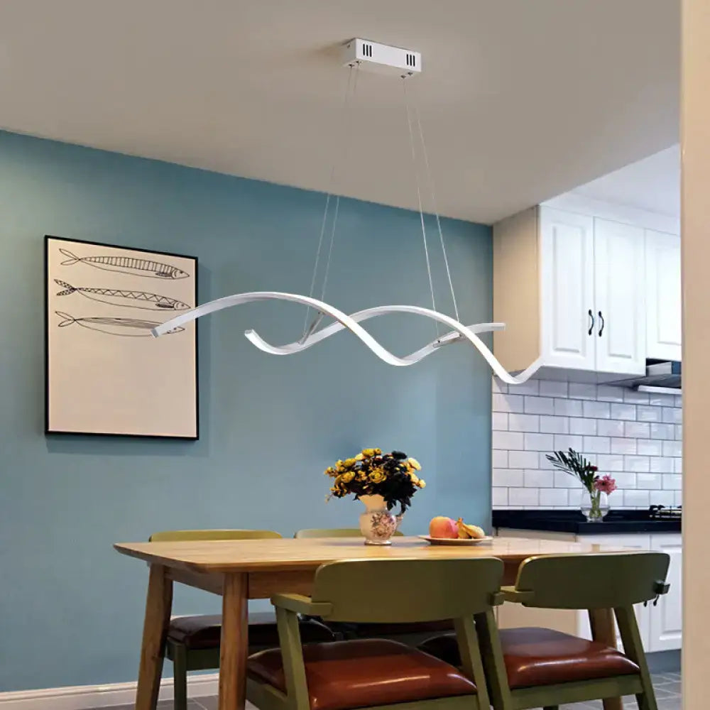 Modern white led dining room chandelier with a twisted aluminium simplicity island design and remote control stepless dimming