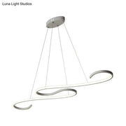 Modern silver-toned DecorBites™ LED island pendant light with sleek twin-ring design, remote control, stepless dimming, 110v-120v