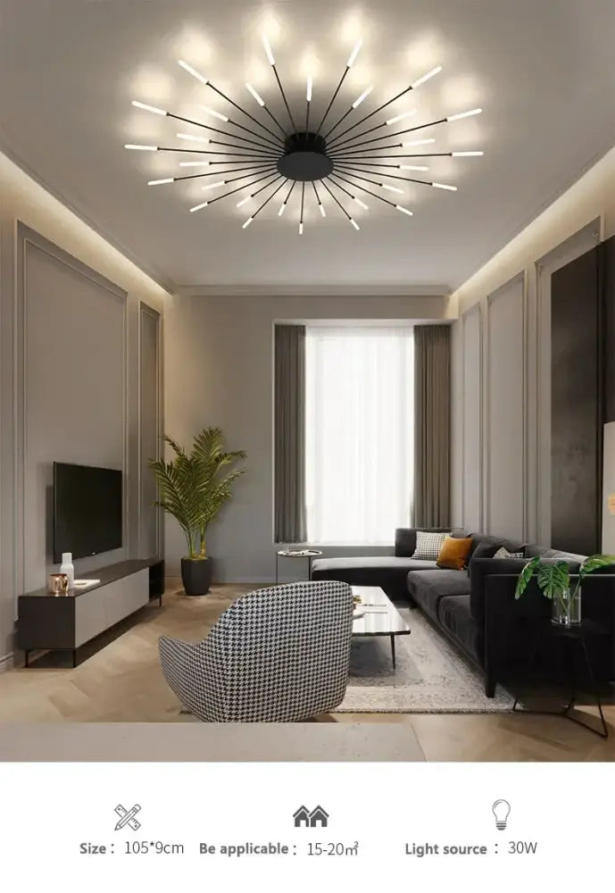 DecorBites™ sleek nordic led chandelier with black starburst design and frosted glass bulbs for living room ceiling