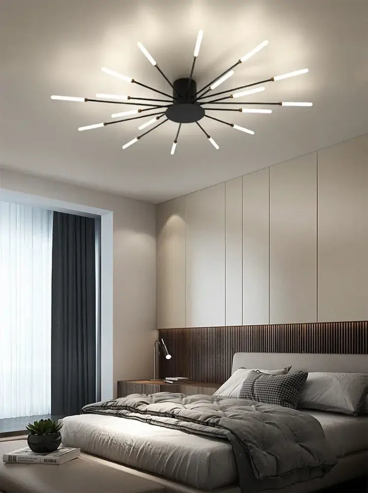 DecorBites™ sleek nordic led chandelier in black with white rods for modern living room led ceiling lighting