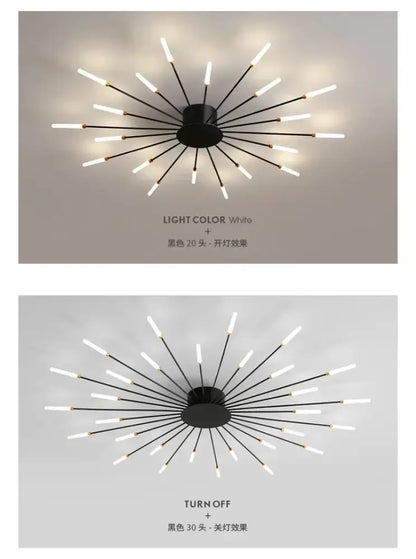 Decorbites sleek nordic led chandelier black starburst ceiling light with 20 white led arms for modern living room