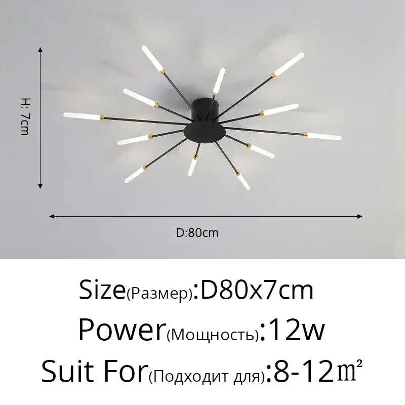 DecorBites™ sleek nordic led chandelier with black slender arms and frosted bulbs for modern living room ceiling light