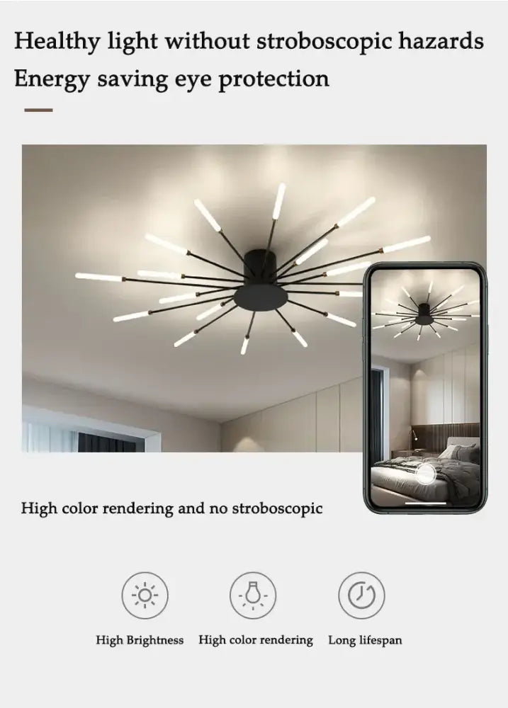 DecorBites™ sleek Nordic LED chandelier in black with white LED rods for modern living room ceiling lighting