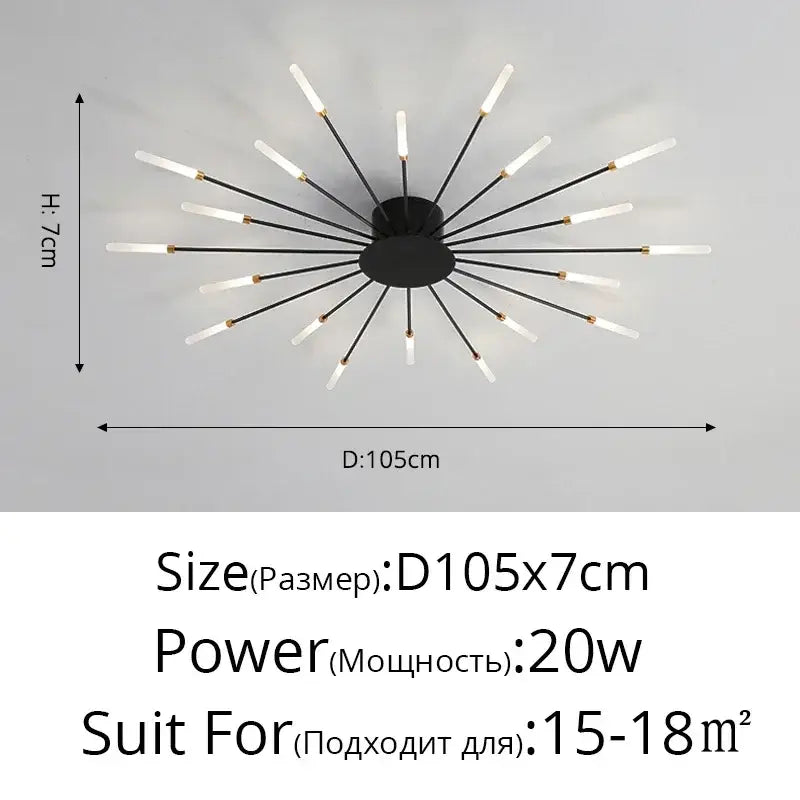 Black nordic led chandelier with frosted glass rods radiating from a central hub for modern living room ceiling