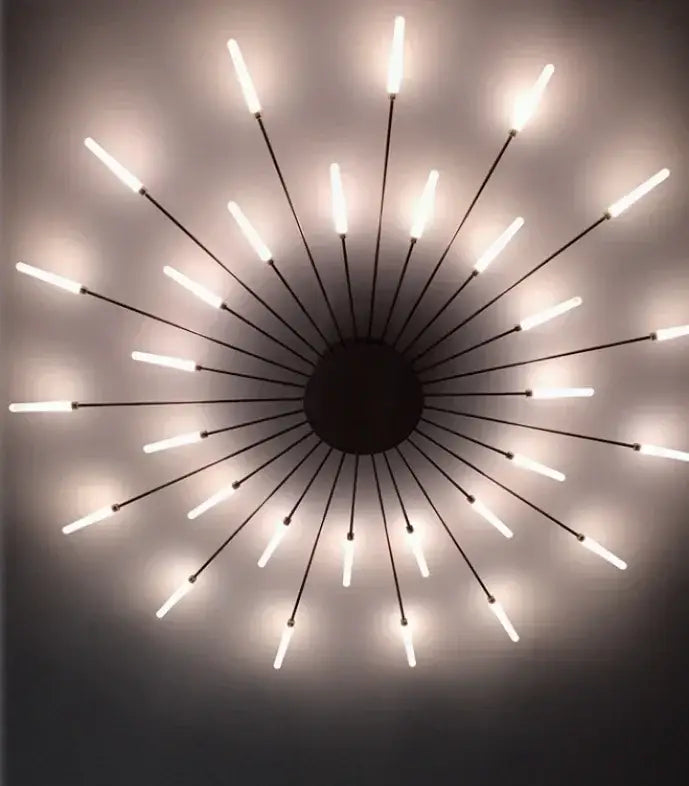 DecorBites™ sleek nordic led chandelier with black metal sunburst design and glowing white led rods for living room ceiling