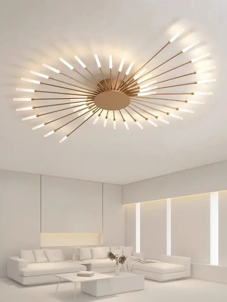 DecorBites™ sleek nordic led chandelier with gold-toned arms and frosted bulbs for modern living room ceiling light