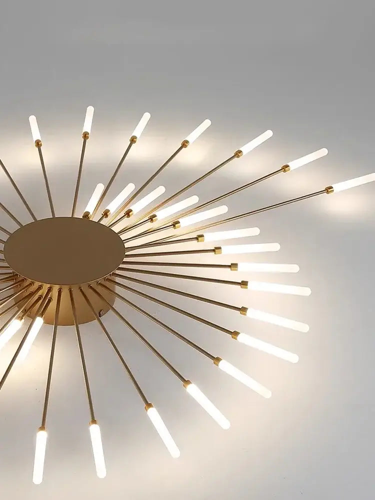 DecorBites™ sleek nordic led chandelier in gold tone with slender rods and illuminated tubes for modern living room ceiling