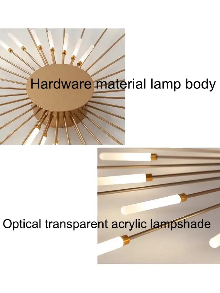 Gold-toned nordic led living room ceiling lamp with sunburst design and sleek acrylic light tubes by DecorBites