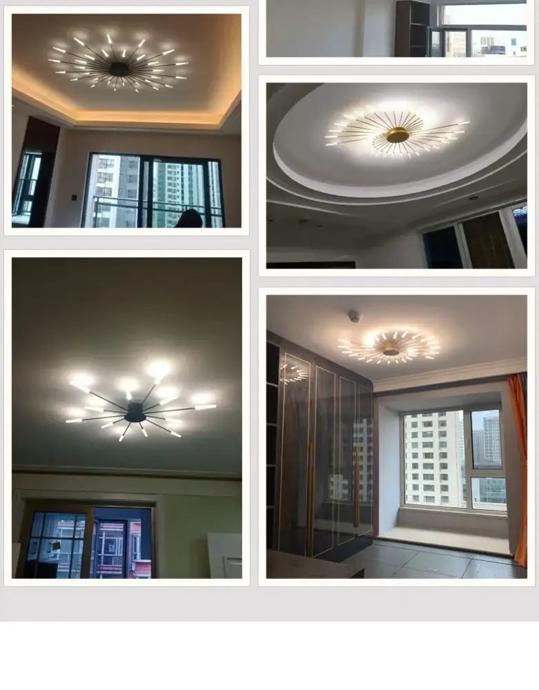 DecorBites™ sleek nordic led chandelier with metallic starburst design and warm white led bulbs for living room ceiling