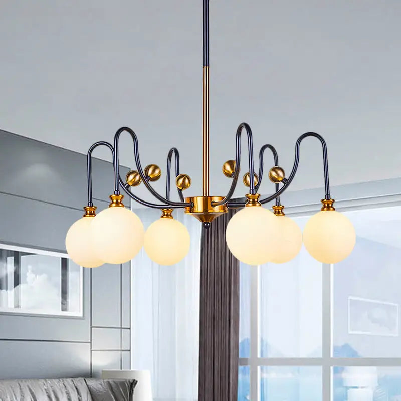 Decorbites™ sleek opal glass pendant chandelier with black gold metal frame and five frosted globe shades for living room 220v-240v